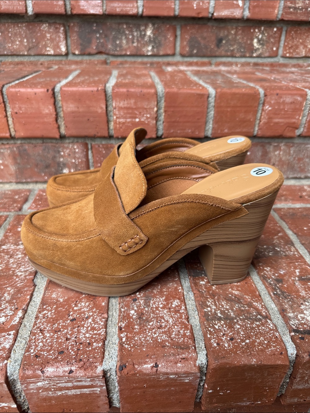 Splendid Vina Tan Brown Suede Heeled Platform Clogs Wooden Wedge Shoes Size 10 - Picture 3 of 7